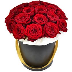 Фото товара 21 червона троянда в капелюшній коробці в Калуші