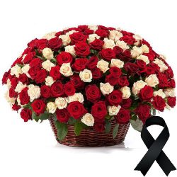 Фото товара 100 червоно-білих троянд у кошику в Калуші